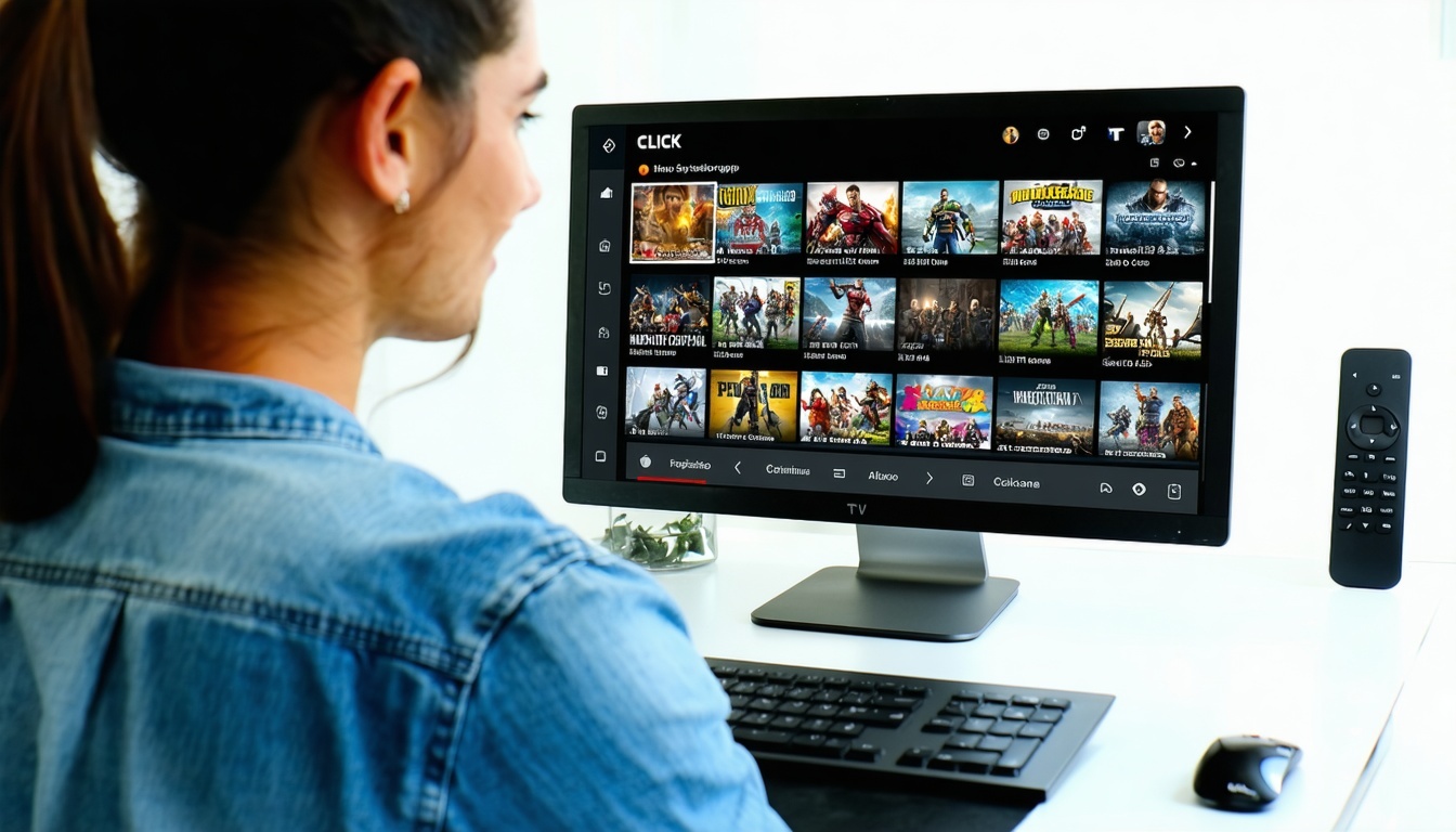 Usuario navegando la plataforma de CLICK TV desde una computadora portátil, seleccionando su programa favorito.