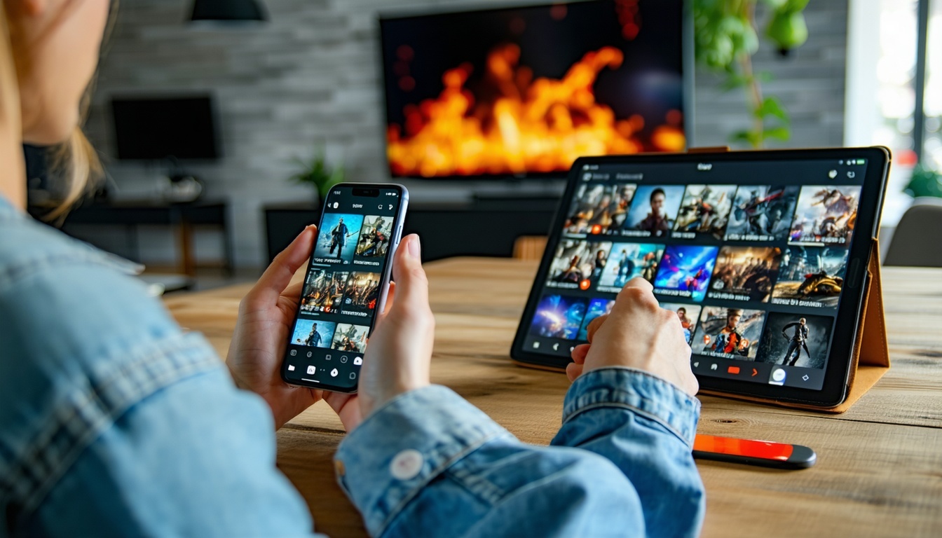 Personas viendo CLICK TV en un teléfono móvil y una tablet, disfrutando de contenido en streaming.