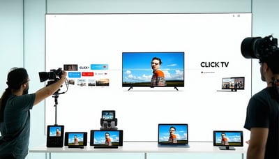 Ilustración de dispositivos mostrando la aplicación de CLICK TV Ilustración de dispositivos mostrando la aplicación de CLICK TV